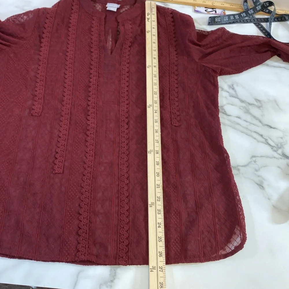 Chico's Popover Blouse Womens Size 1 8/10 M Burgundy Red V-Neck See Through Lace - Picture 10 of 13